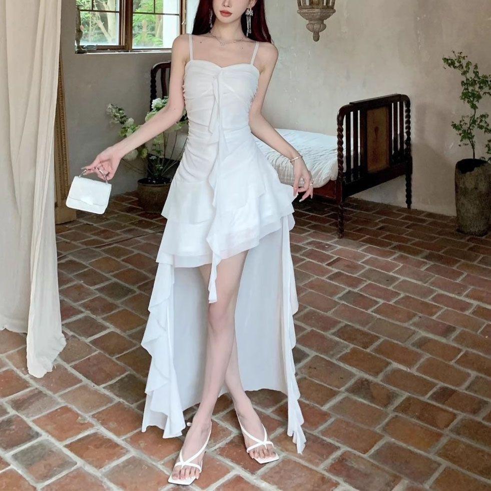 Sexy Spaghetti Strap Ruffle Irregular Bodycon Party Club Evening Dress Women Mesh Suspender Spring Summer Holiday Beach