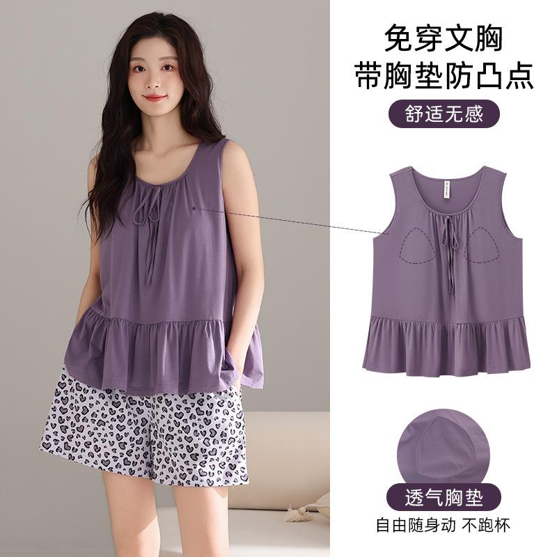 Pajamas with chest pads Women's Summer Modal sleeveless vest shorts Summer thin cool can be worn outside loungewear suit