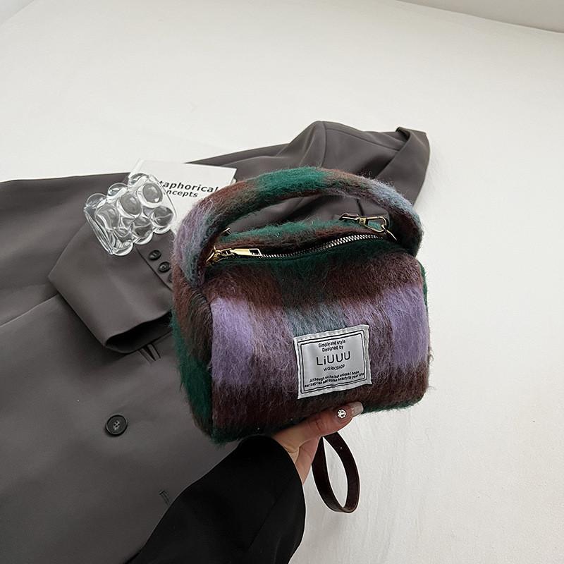 Трендовая винтажная клетчатая шерстяная сумочка для женщин 2023 Осень/зима Модный трансграничный стиль фиолетовый