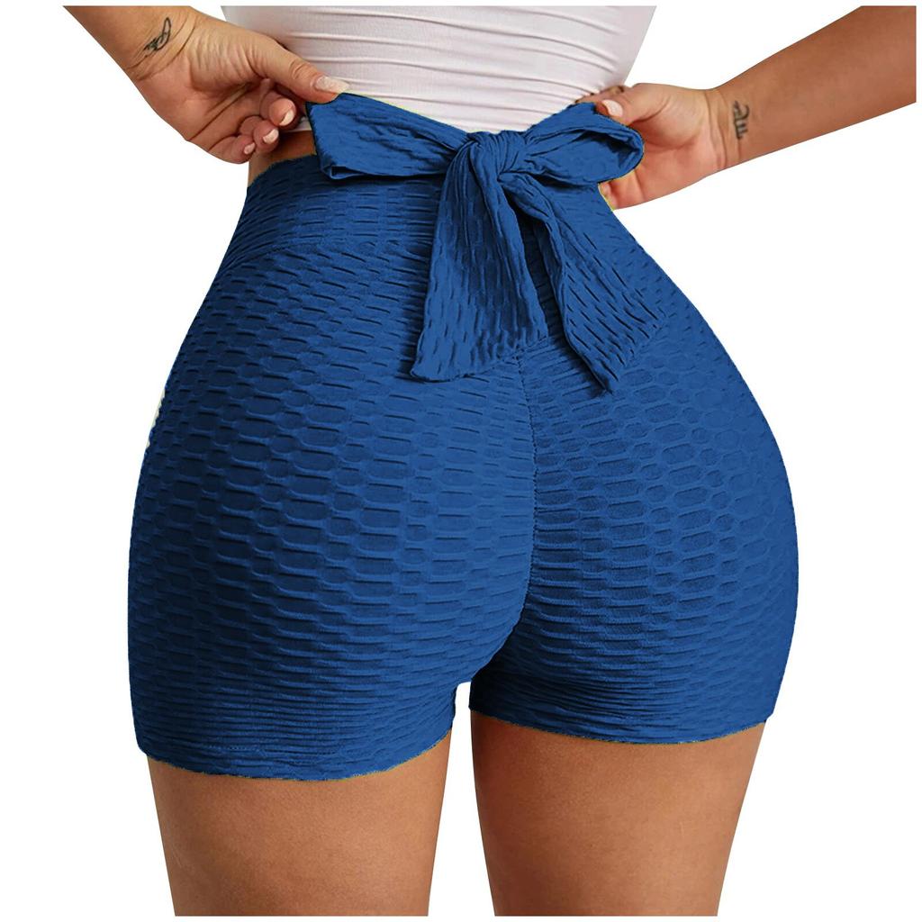 Summer Women's Athletic Shorts Solid Color Gym Running Workout High-Waisted Bowknot Stretchy Leggings Yoga Shorts Plus Size S-2XL