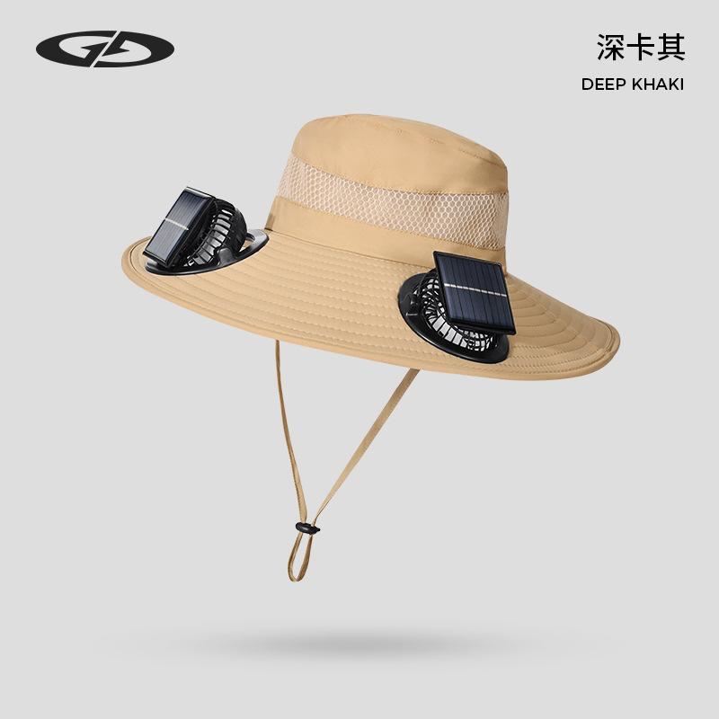 Solar Fan Hat Anti-UV Outdoor Wide Brim Sun Hat with 2 Fans Rechargeable Men Fisherman Cap for Camping Fishing Hiking