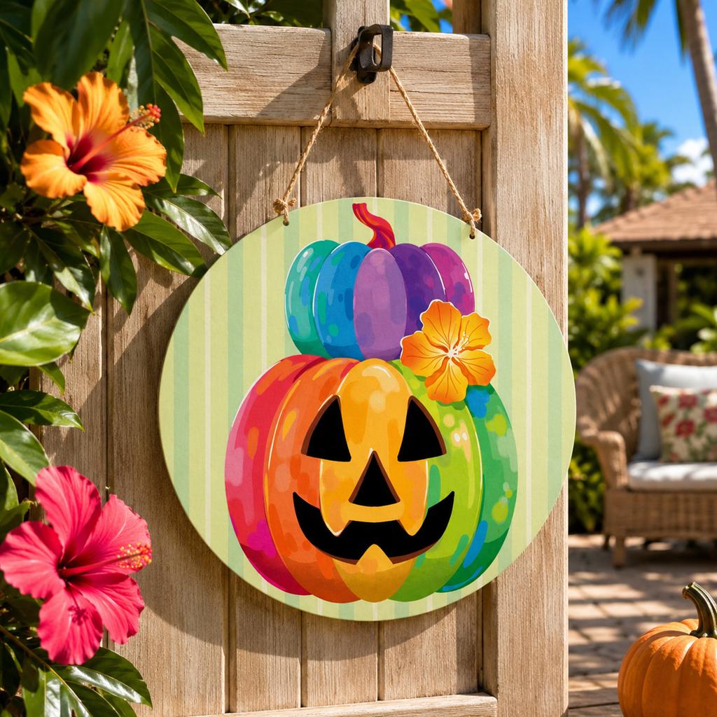 Wooden Door Sign Hanging Decoration 30cm Round Plaque with Pumpkin Print for Indoor Outdoor Home Entryway Wall Decor