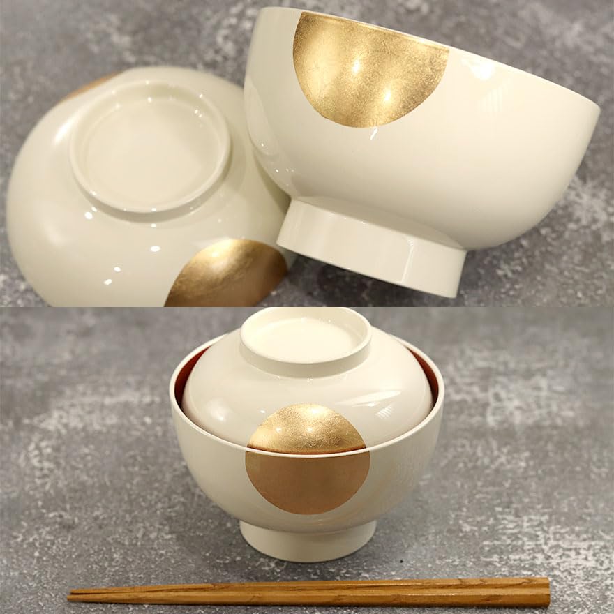 Soup soup lidded white with red Echizen bowl, Japanese-made bowl, bowl, "Yorokobi" design, interior, lacquerware, boxed.