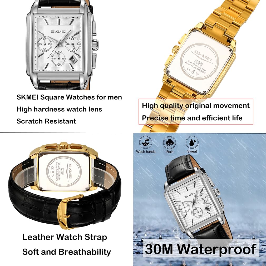 SKMEI Square Watch with Black Leather Stylish Luxury Silver Watch for Perfect for Gifts Men's Strap, Chronograph, Waterproof, Analog, Business/Casual,