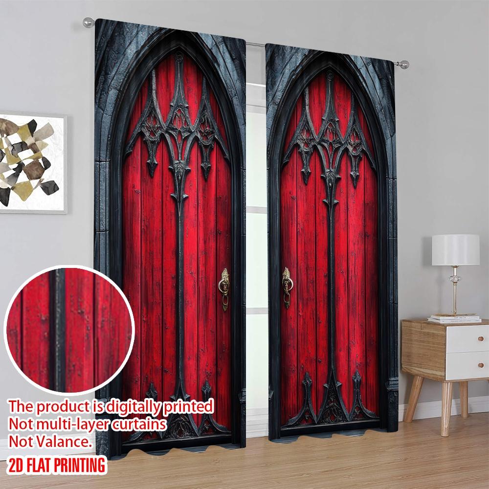 2D flat printing 2pcs Drapes Gothic Doors Red (8) Versatile 100% Polyester  Without Electricity Festive Backdrops Applies to