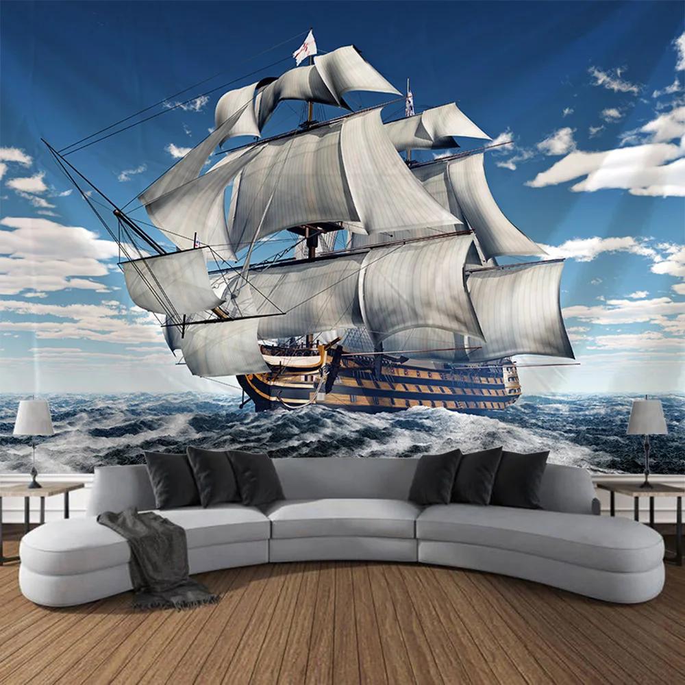Navigation Landschaft Wandteppich Retro Piratenschiff Kunst Wandbehang Fantasy Bohmische Ästhetik Dekoration Raum Kunst Wanddekoration
