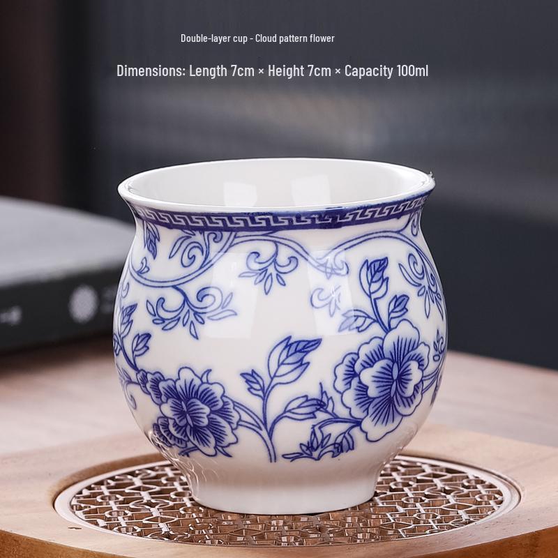 Blue and White Porcelain Heat-Insulating Ceramic Tea Cup - Large Anti-scalding Double-Walled Design for Home Use