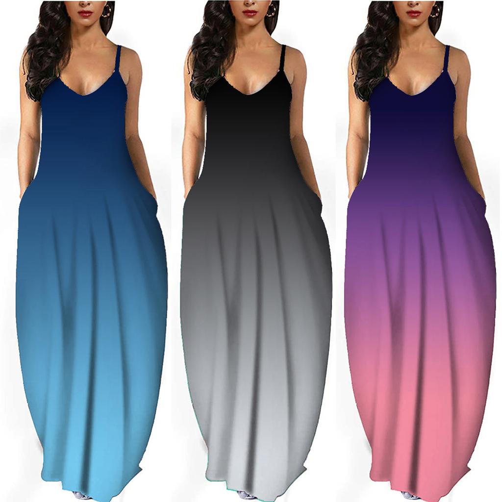 Women Gradient Sleeveless V Neck Maxi Dress Casual Sundress Beach Long Dres