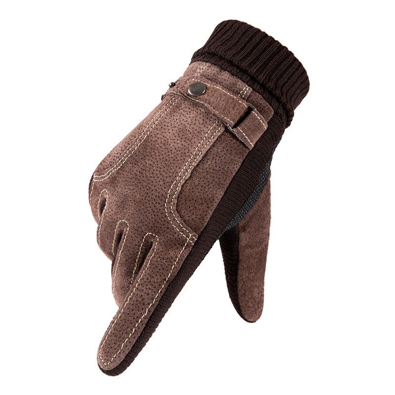 Warm Gloves for Men and Women Pigskin Ribbed Plus Velvet Full Finger Gloves Outdoor Riding Cold Touch Screen Autumn and Winter Gloves