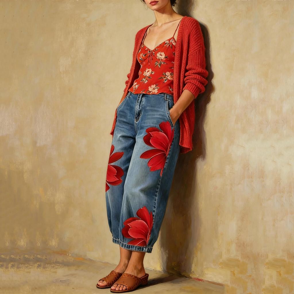 Women's Fashion Floral Print Denim Casual Wide Leg Pants High Waist Loose Fit Comfortable Bottoms Suitable for Everyday Wear