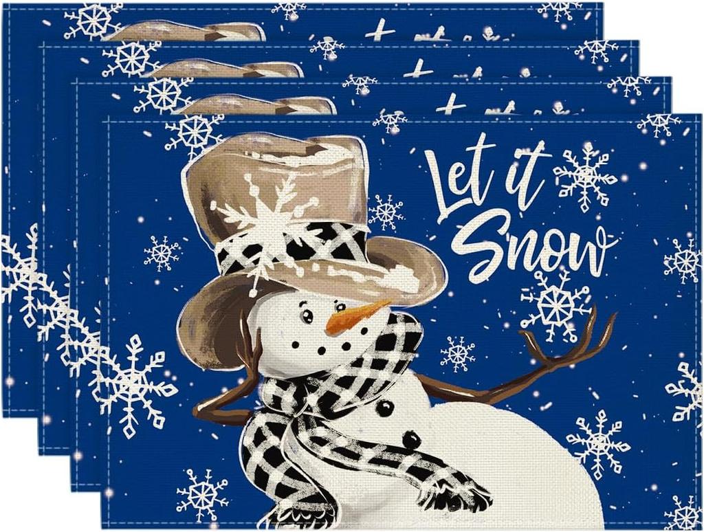 Black Snowman Snowflakes Let it Snow Winter Placemats Set of 4 12x18 Inch Christmas Table Mats for Party Kitchen Dining Decor