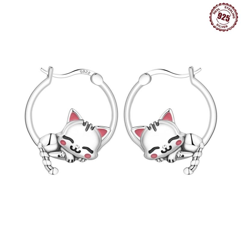 

MISEFF Real 925 Silver Hoop Earrings Simple Sleeping Cat Earrings For Engagement Wedding Party Birthday Jewelry Gift
