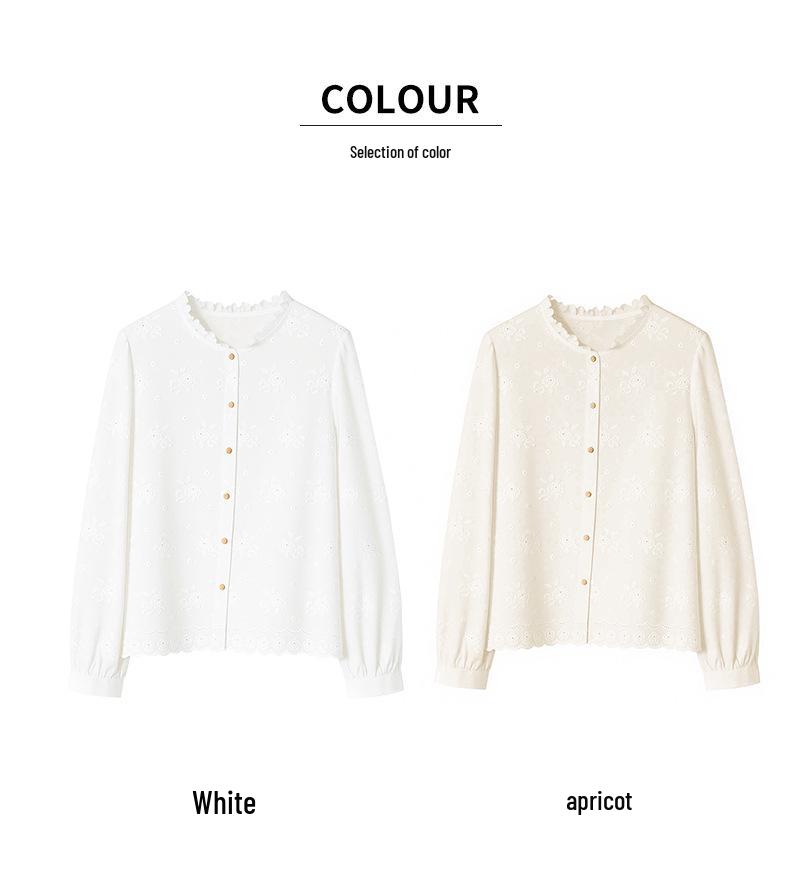 Women's Elegant Apricot Embroidered Cotton Long Sleeve Shirt with Wood Ear Collar - 2026 Spring Collection
