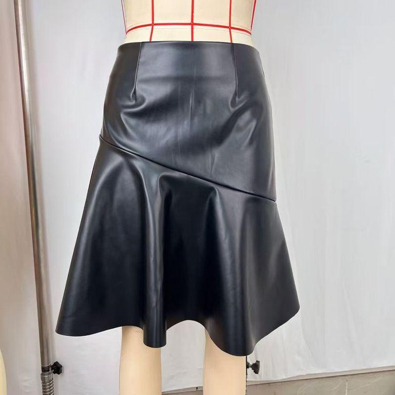 

Western Style New Versitile Fashion High Waist Slimming Irregular PU Leather Skirt Pu Ruffled Skirt Black XL