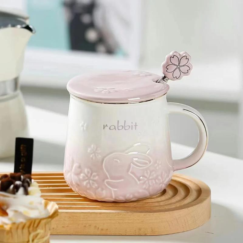 Cute Rabbit Pattern Cherry Blossom Mug Home Office Ceramic Coffee Cup Breakfast Milk Cup Mugs Coffee Cups