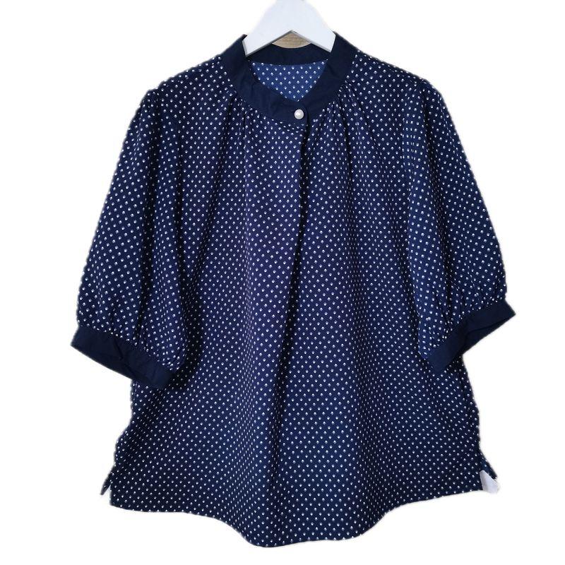 Export Export Original Order Pearl Buckle Half round Neck Pullover Short Sleeve Shirt Blue Polka Dots Professional Commute Bottoming Shirt Summer