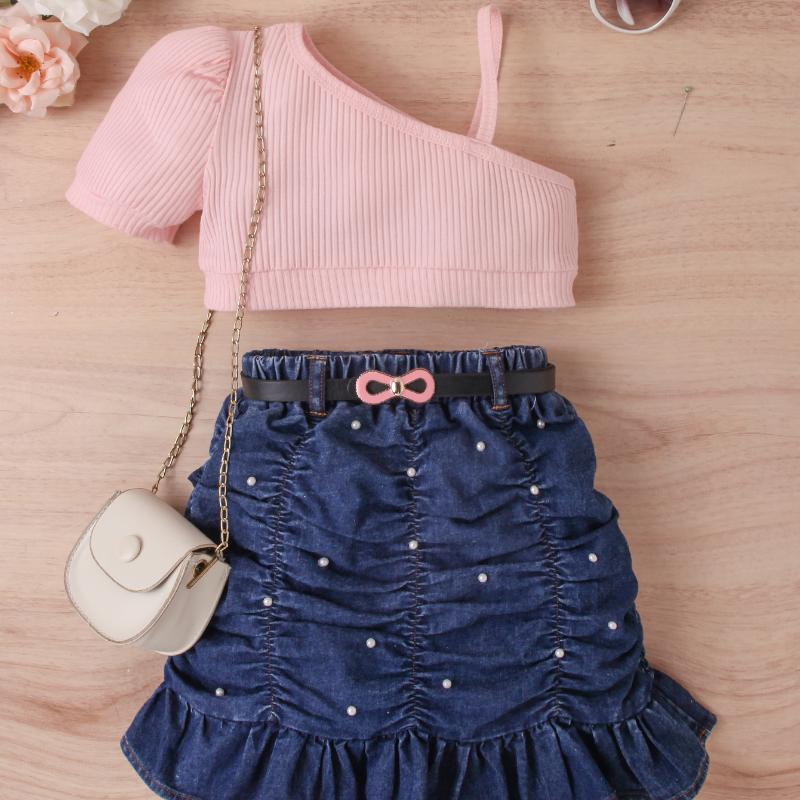 Girls' Fashion Set, Summer Children's Solid Color Sleeveless Top, Denim Pleated Skirt Set, Belt