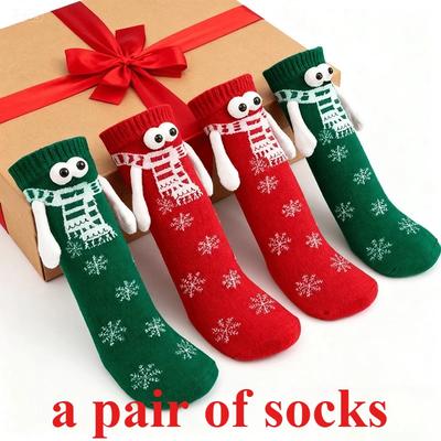A Pair of Socks Fabric Christmas Socks - 3D Eyes Magnetic Cartoon Design, Hand-in-Hand Mid-Calf Playful Holiday Gift