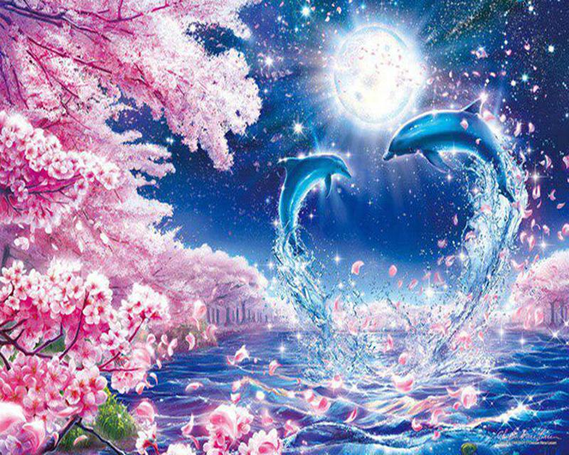 5D DIY Diamond Painting Dolphins Landscape Diamond Embroidery Cross Stitch Sea Animal Pictures Of Rhinestones Mosaic Home Decor