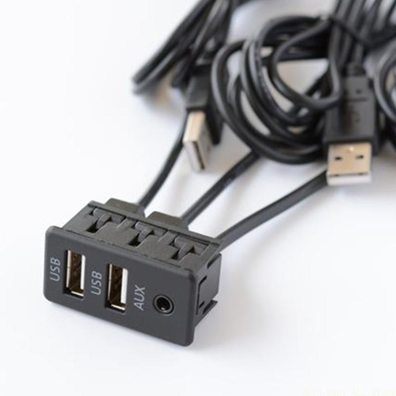 J0MA USB Dual Port Car Dashboard Flush Mount Socket Extension Cable 3.5mm AUX Adapter