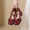 Fashion Women Pumps Platform High Heels Wedding Shoes Patent Leather Red Mary Jane Shoes Bow Buckle Strap Square Toe Chunky Heeled Shoe