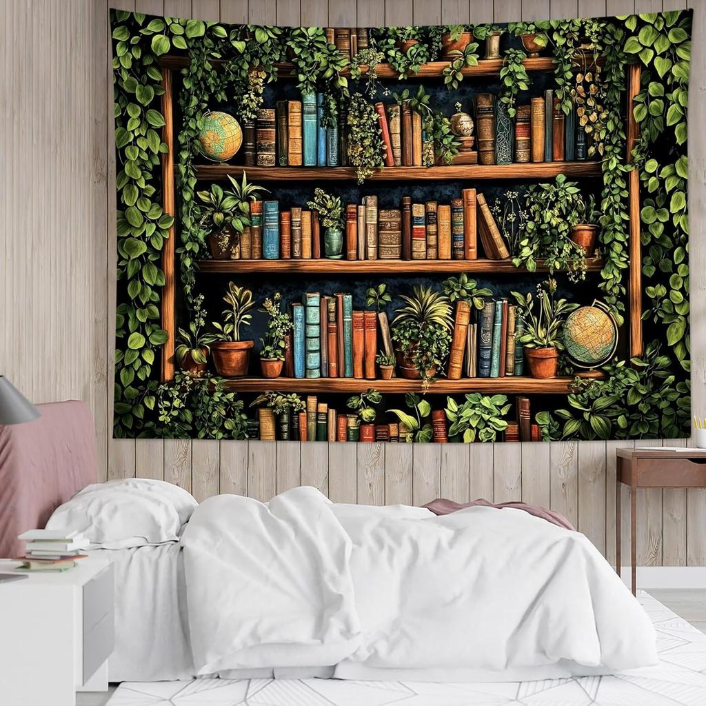 1pc Retro Library Tapestry Multiple Sizes 2D Print Vintage Book Green Plant Design Polyester Fiber Classroom Dorm Decor Scholar