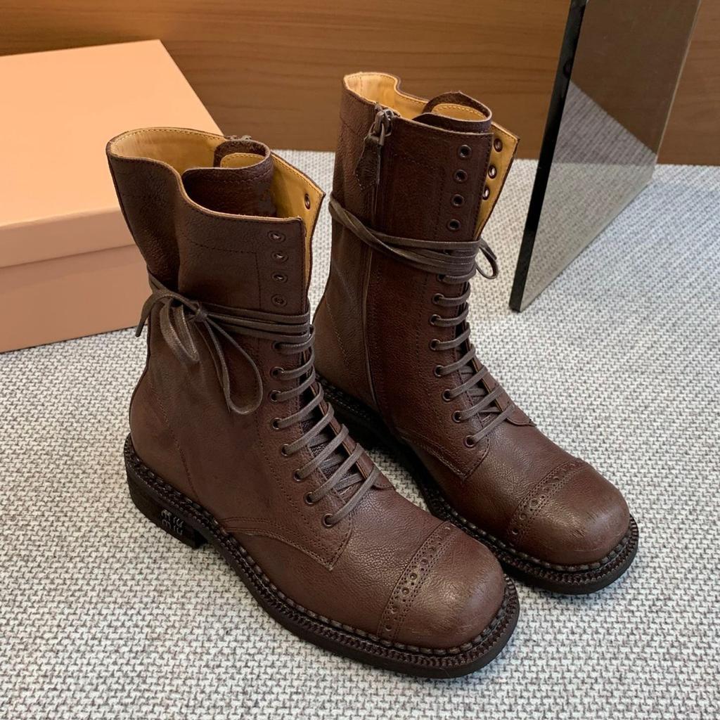 2025 neue große Schaftumfang Laufstegmodel Retro-Stil Schnür-Lokomotivstiefel poliertes Leder Ritterstiefel