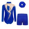 Girls Figure Skating Dance Set Long Sleeve Keyhole Back Sheer Mesh Patchwork Sparkly Rhinestones Leotard Shorts Hair Band