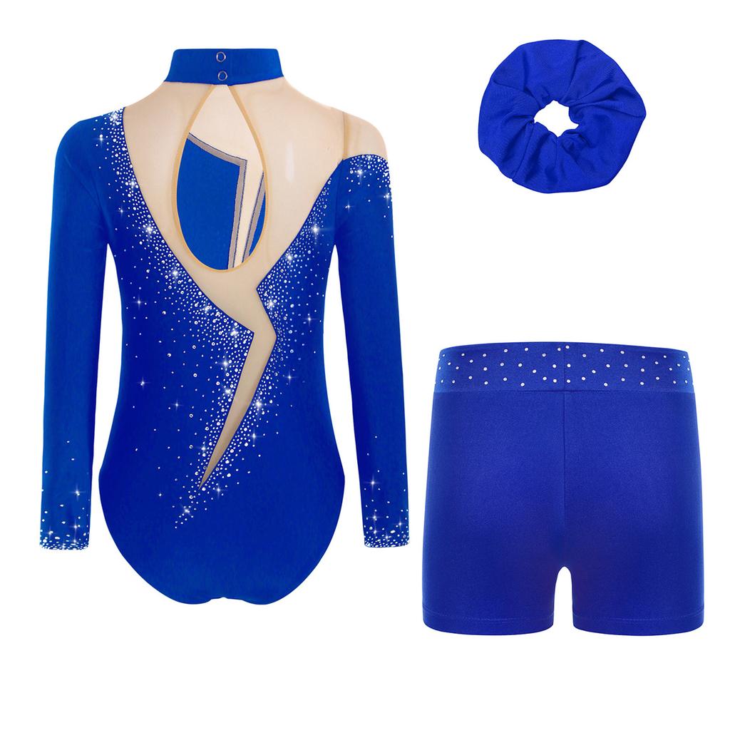 Girls Figure Skating Dance Set Long Sleeve Keyhole Back Sheer Mesh Patchwork Sparkly Rhinestones Leotard Shorts Hair Band