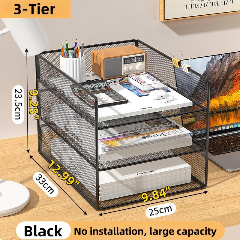 Kontorsfilorganisatör Kapacitet Metallnät Skrivbordsorganisatör med Trevåningsdesign Multifunktionell filhållare Pappersförvaringsställ