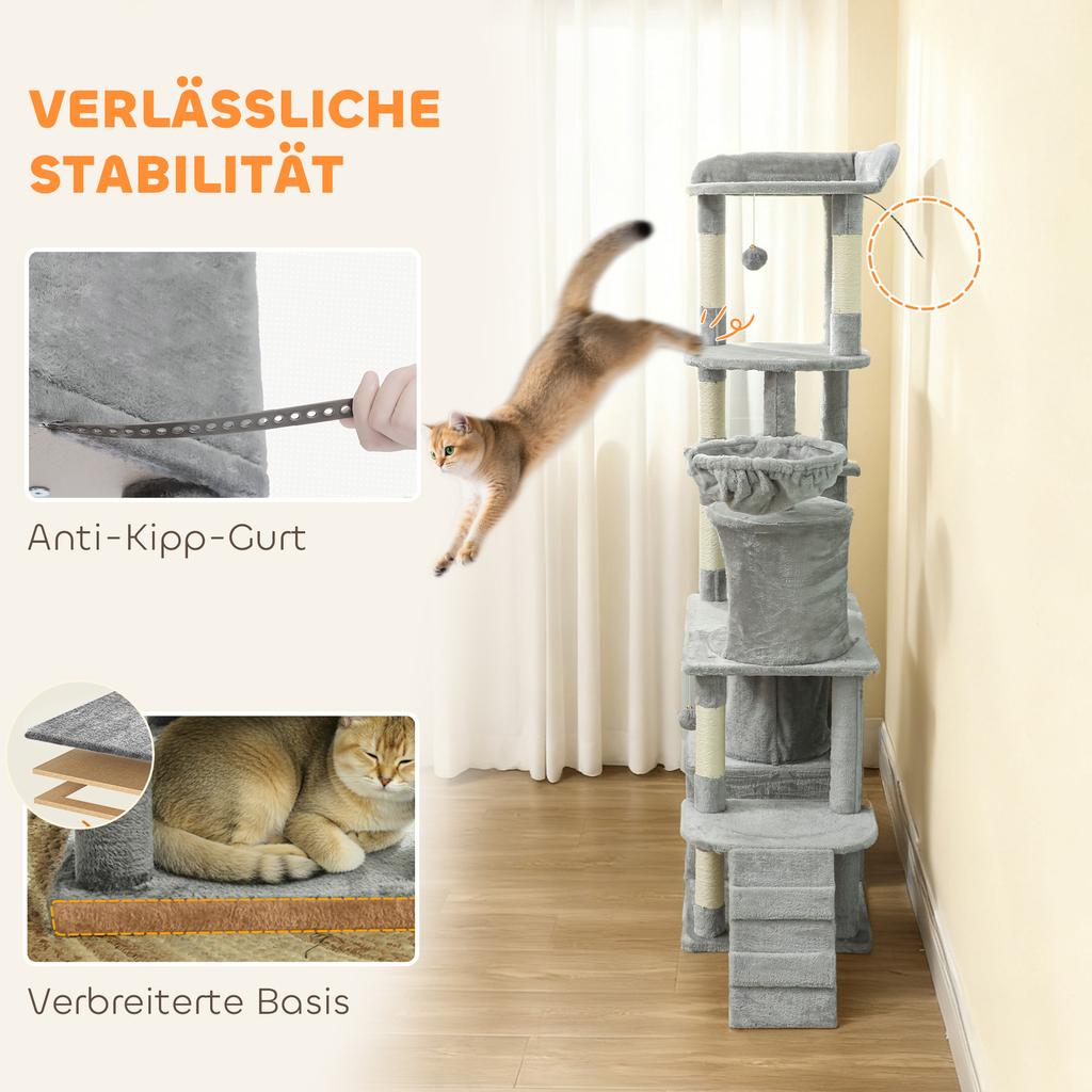 170 Cm Large Cat Tree, Cat Tower with 7 Scratching Posts, Tunnel, 2 Condos, Hammock, Perch, Ramp, Pompoms, Light Grey