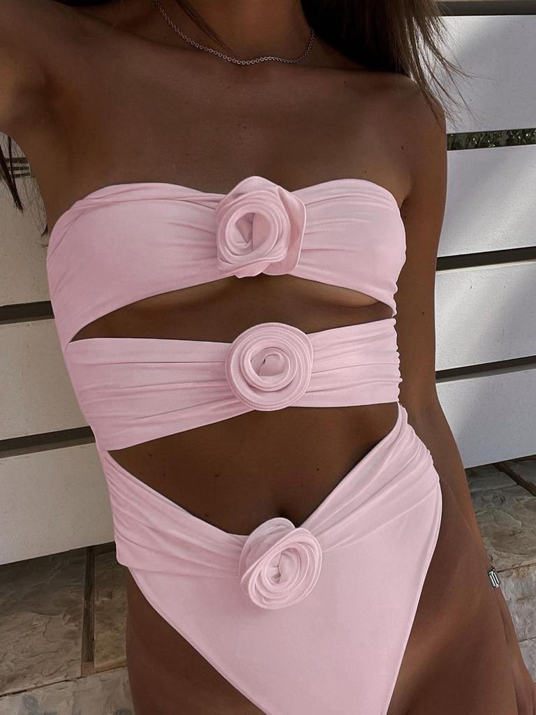 Three-dimensional flower one-piece swimsuit neck triangle sexy bikini solid color women's swimsuit