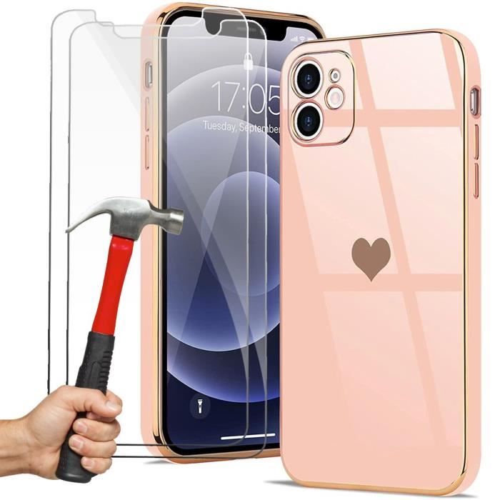 Coque de Protection - iPhone 12 - Rose - Lot de 2 Verres Trempés - TPU Souple - Anti-Rayure
