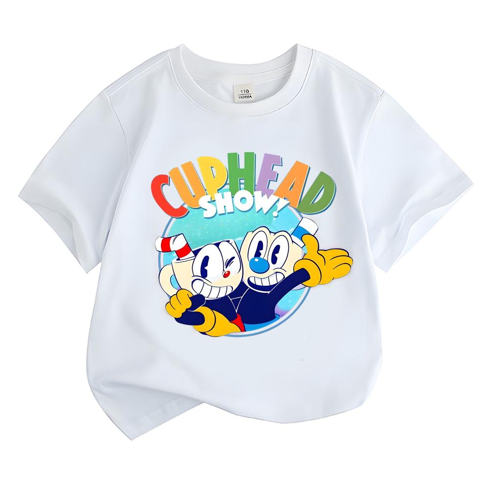 Summer Cuphead 100%Cotton Children T-shirts for Boys Girls Tops Cartoon Witch Wizard Funny T Shirt Kawaii Girls Short Sleeves