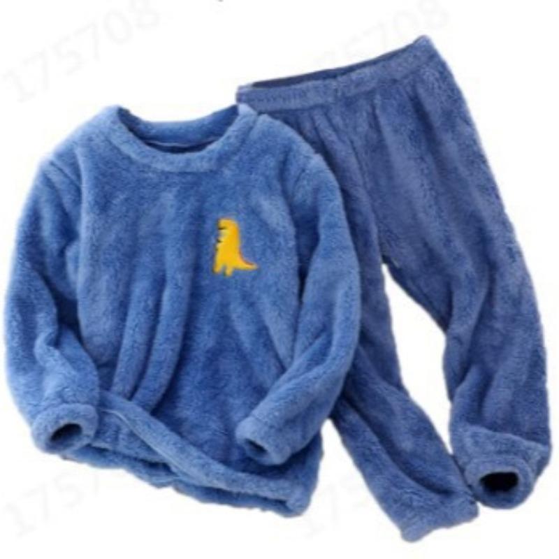 Unisex Kids Fleece Pajama Set Cartoon Embroidery Long Sleeve Top And Pants Warm Fluffy Sleepwear Set