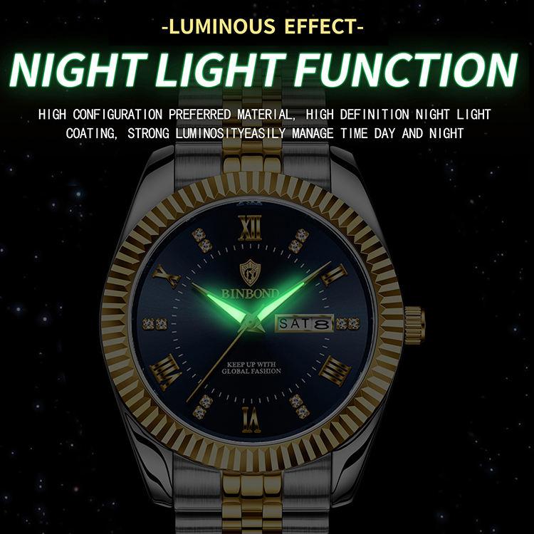 Binbond B0756 0756 Men Quartz Movement Watch Stainless Steel Band Auto Date Waterproof Luminous Business Casual Male Wristwatch