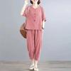 Maglietta di grandi dimensioni Pantaloni lunghi Due pezzi Maglie a maniche corte Pantaloni lunghi Larghi Casual Retro Due pezzi Cotone Due pezzi Abbigliamento da donna
