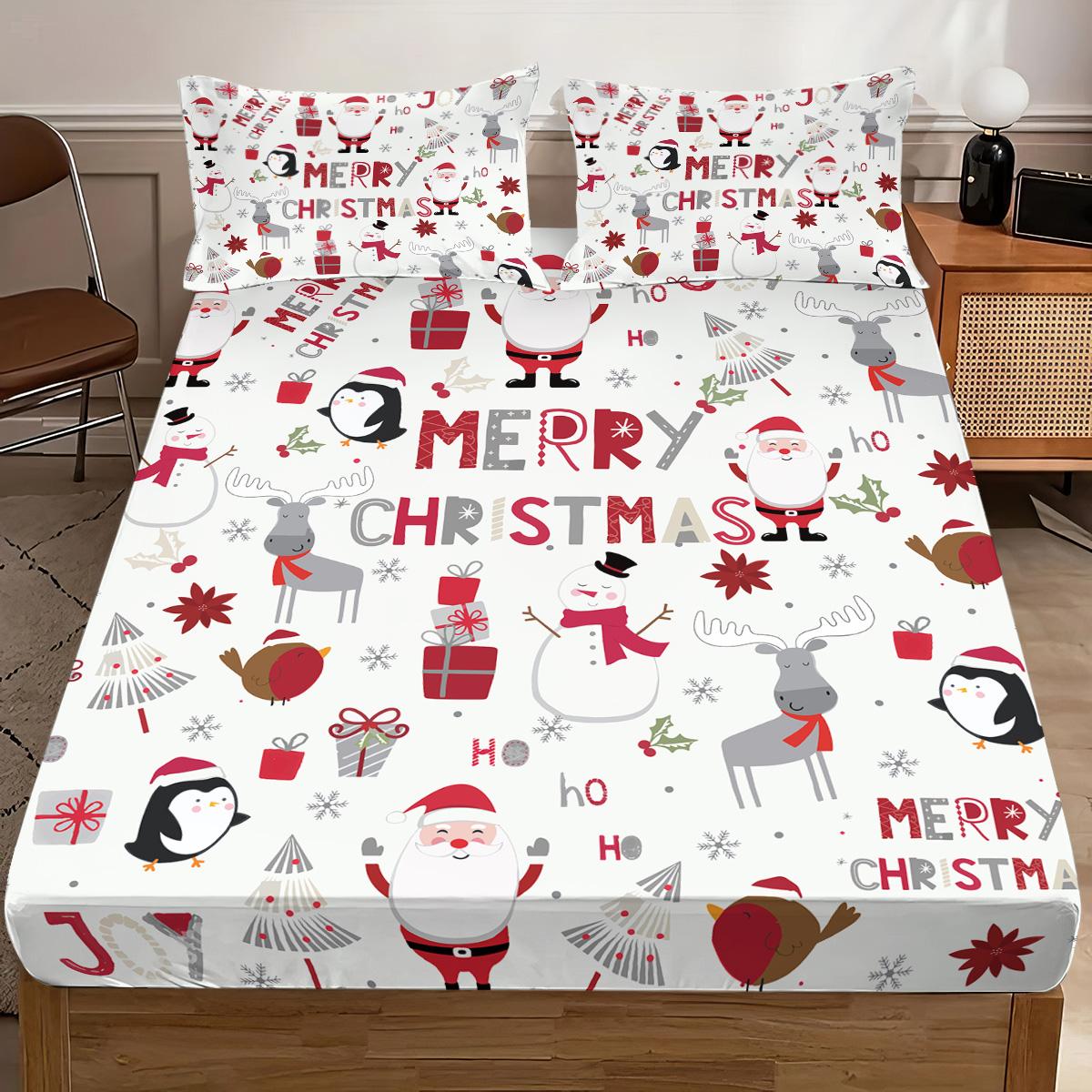 

3pcs Merry Christmas Cartoon Santa Claus Print Coreless Bed Sheet Set Multi Size Bed Cover Bedroom Dormitory Bedding Decoration 90x191cm