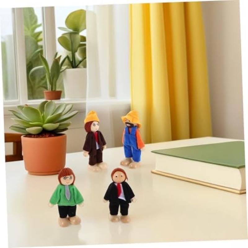 9-Piece Wooden Dollhouse Set with Movable Mini Wooden Figures in Fabric Clothing Includes Doctor Builder Chef Educational Imaginative Role Play Toy