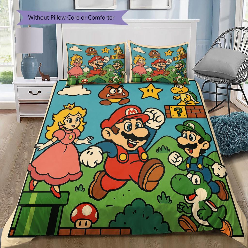 Juego de Ropa de Cama Completo de Super Mario Bros, 1 Funda Nórdica y 2 Fundas de Almohada, Adecuado para Dormitorio, Regalo Ideal para Fans