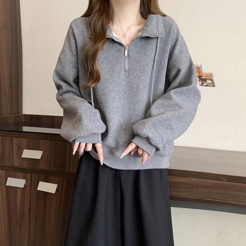 Women Solid Color Loose Half Zip Stand Collar Cropped Thin Casual Sweatshirt