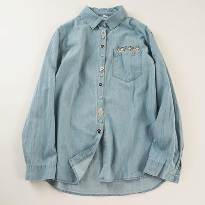 Embroidered Washed Denim Lapel Long Sleeve Shirts for Women Spring Autumn New Japanese Artistic Cute Single Breasted Shirt Embroidery