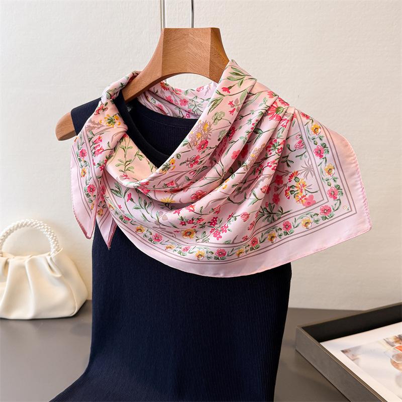 Pastoral Floral Print Square Scarf Imitation Silk Shawl Sun Protection High-end Neck Tie Small Square Scarf Headscarf Women's