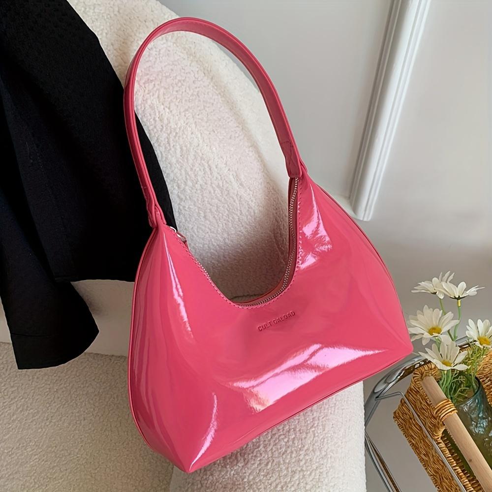 Solid Color Glossy Shoulder Bag Trendy PU Leather Hobo Bag Women'S Fashion Handbag & Tote Purse