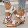 Fashion Summer Casual Open-toe Thick-heeled Platform Sandals British Style Flower Printed Rome Shoes Comfy High Heels Sandal of Women