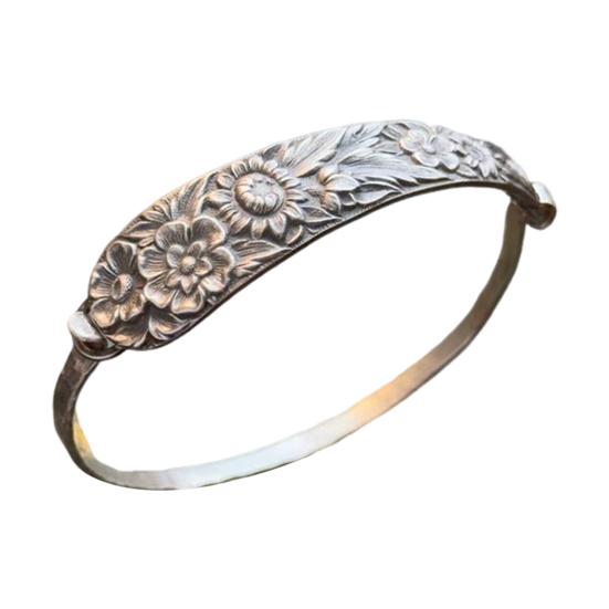 Handmade Sterling Spoon Bangle Floral Pattern Opening Bangle Boho Style Handle Cuff Jewelry Accessories