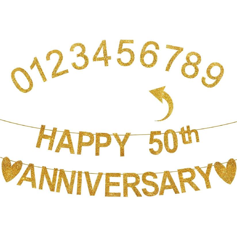 Happy Anniversary Banner,  Gold Glitter 10 20 30 40 50 60 70 80 90th Any Year Wedding Anniversary Loved Party Decorations Celebration, Pre-Strung