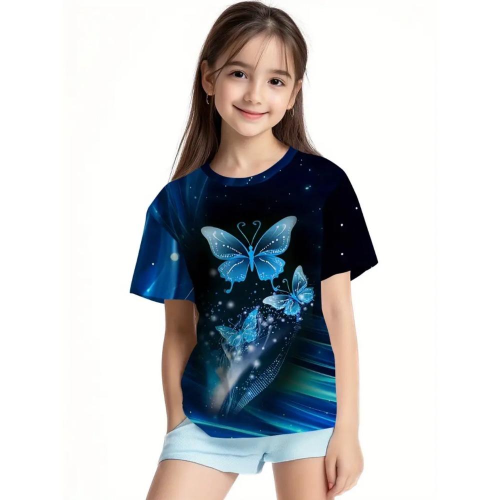 Children's clothing for girls, short sleeved girls' T-shirts, butterfly printed cute round neck girls' tops, children's summer clothes