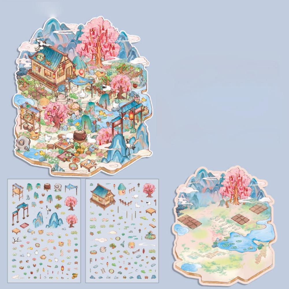 Chinese Retro 3D Stacked Landscape Stickers Cartoon Landscaping Making Sticker  Parent-child