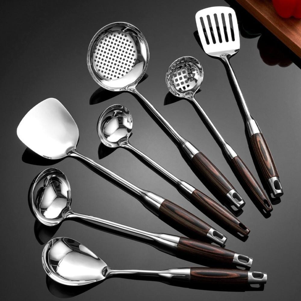 Stainless Steel Kitchen Utensil Set Wooden Handle Long Slotted Turner Anti Scald Professional Spoon Ladle Colander Restaurant